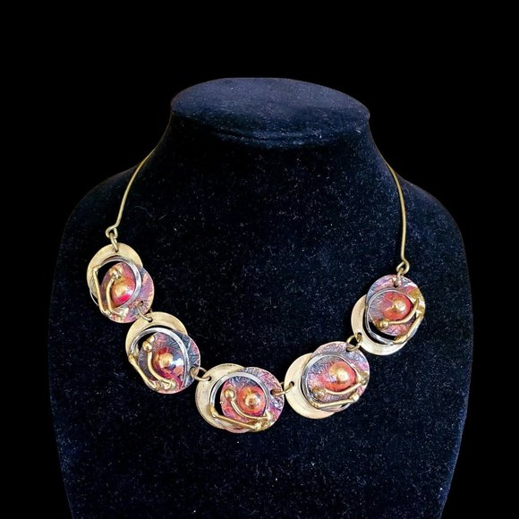 Beautiful Art Deco Modernist Mixed Metal Brass Enamel Necklace - - Picture 2 of 7